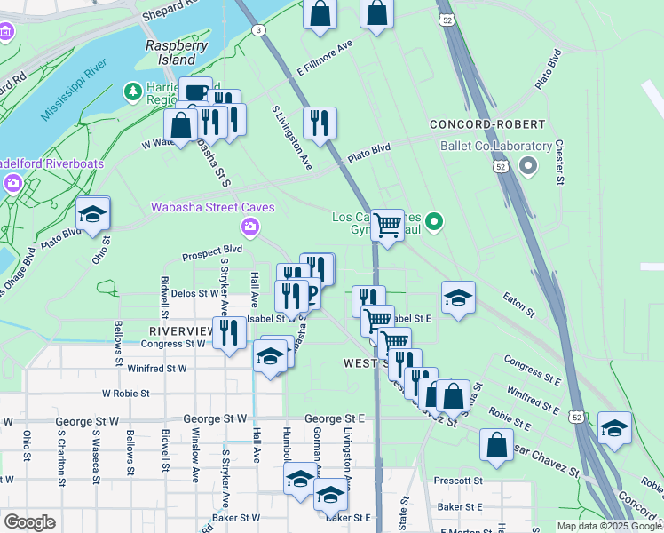 map of restaurants, bars, coffee shops, grocery stores, and more near 58 E Wood St in St Paul