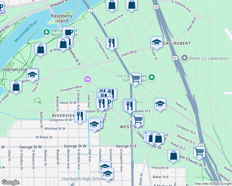 map of restaurants, bars, coffee shops, grocery stores, and more near 58 East Wood Street in Saint Paul