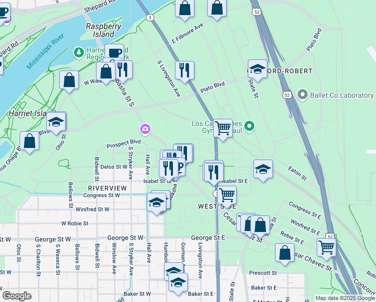 map of restaurants, bars, coffee shops, grocery stores, and more near 2 E Wood St in St Paul