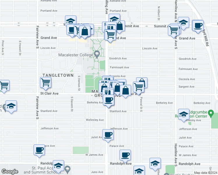 map of restaurants, bars, coffee shops, grocery stores, and more near 1569 Sargent Avenue in Saint Paul