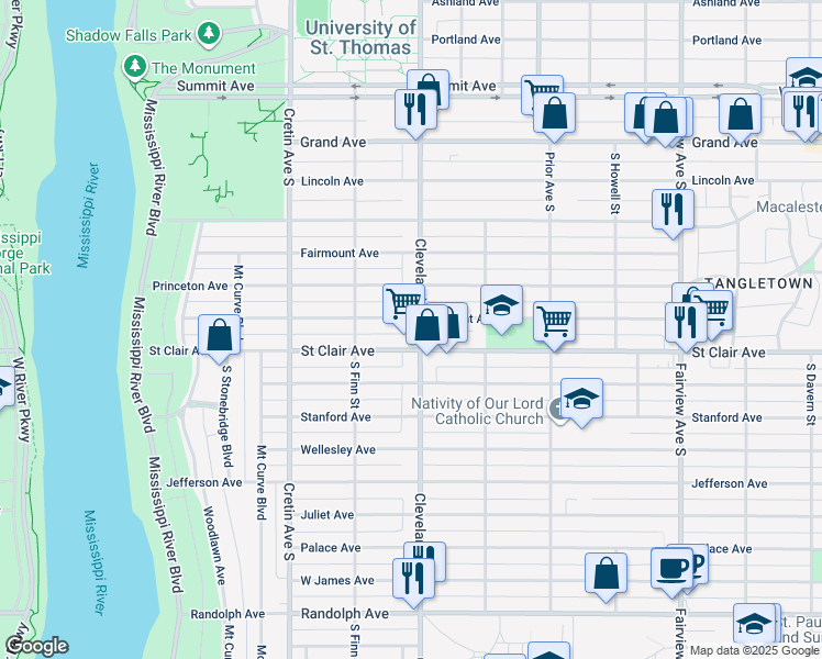 map of restaurants, bars, coffee shops, grocery stores, and more near 207 Cleveland Avenue South in Saint Paul