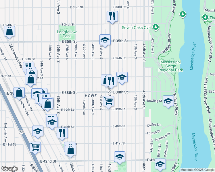 map of restaurants, bars, coffee shops, grocery stores, and more near 3704 42nd Avenue South in Minneapolis