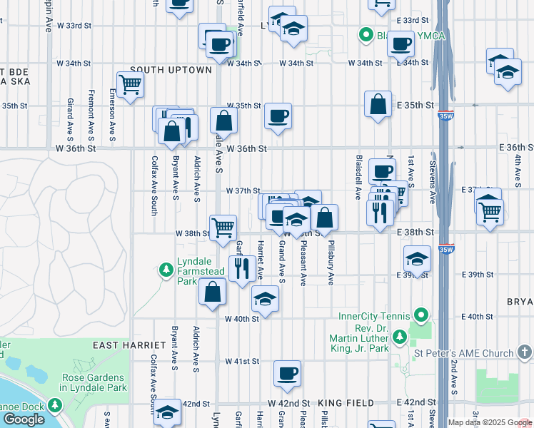 map of restaurants, bars, coffee shops, grocery stores, and more near 3706 Grand Avenue South in Minneapolis