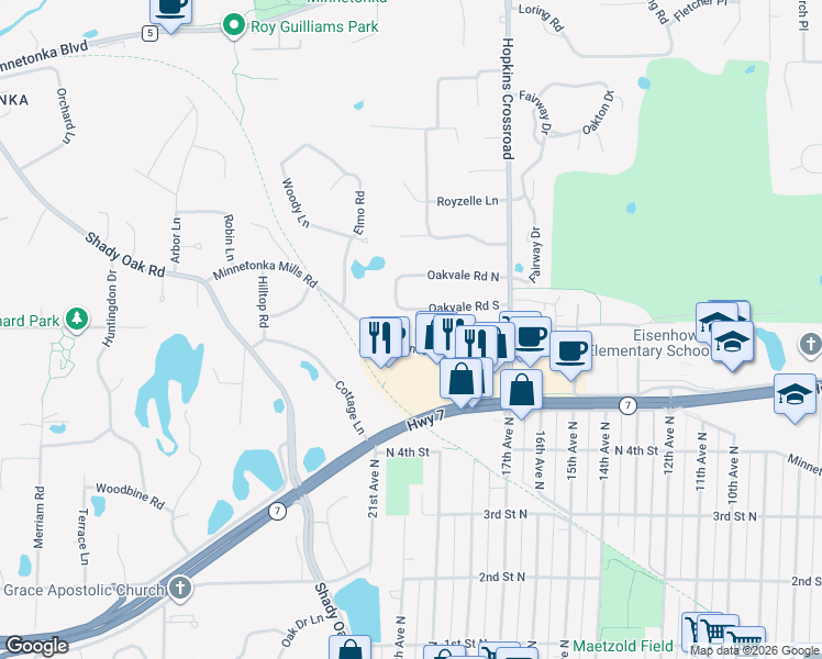 map of restaurants, bars, coffee shops, grocery stores, and more near 11417 Oakvale Road North in Minnetonka