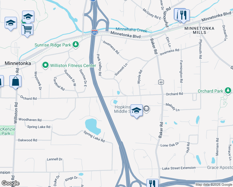 map of restaurants, bars, coffee shops, grocery stores, and more near 3720 Park Valley Road in Hopkins
