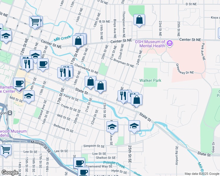 map of restaurants, bars, coffee shops, grocery stores, and more near 2163 Laurine Court Northeast in Salem