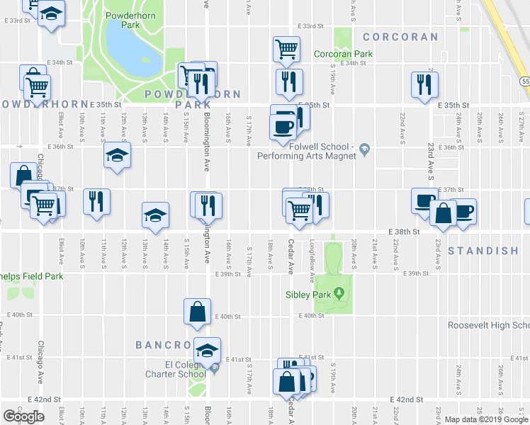 map of restaurants, bars, coffee shops, grocery stores, and more near 3732 18th Avenue South in Minneapolis