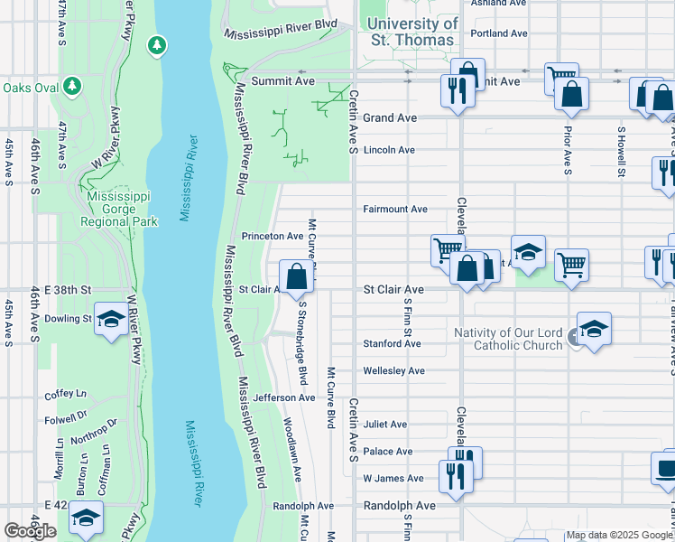 map of restaurants, bars, coffee shops, grocery stores, and more near 2203 Sargent Avenue in Saint Paul