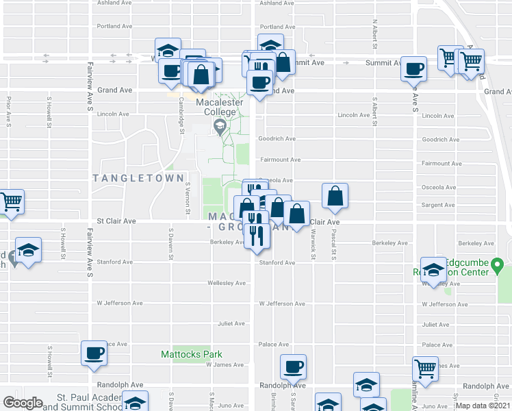map of restaurants, bars, coffee shops, grocery stores, and more near 1569 Sargent Avenue in Saint Paul