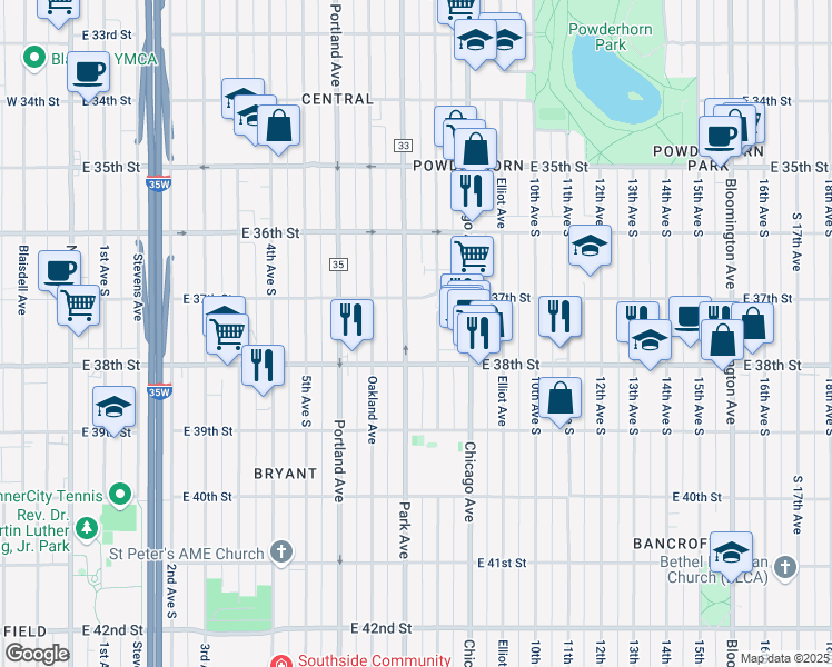 map of restaurants, bars, coffee shops, grocery stores, and more near 3708 Columbus Avenue in Minneapolis