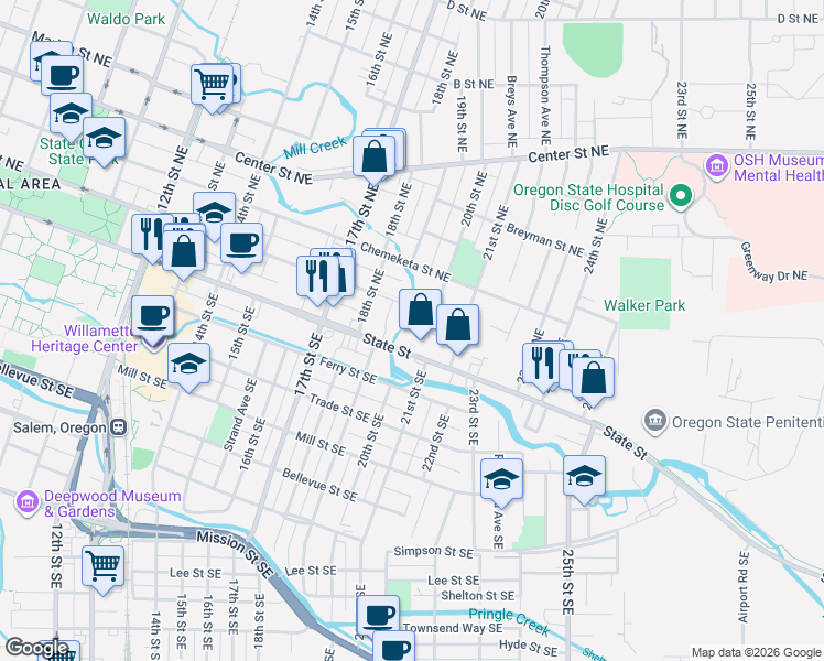 map of restaurants, bars, coffee shops, grocery stores, and more near 195 Victoria Drive Northeast in Salem
