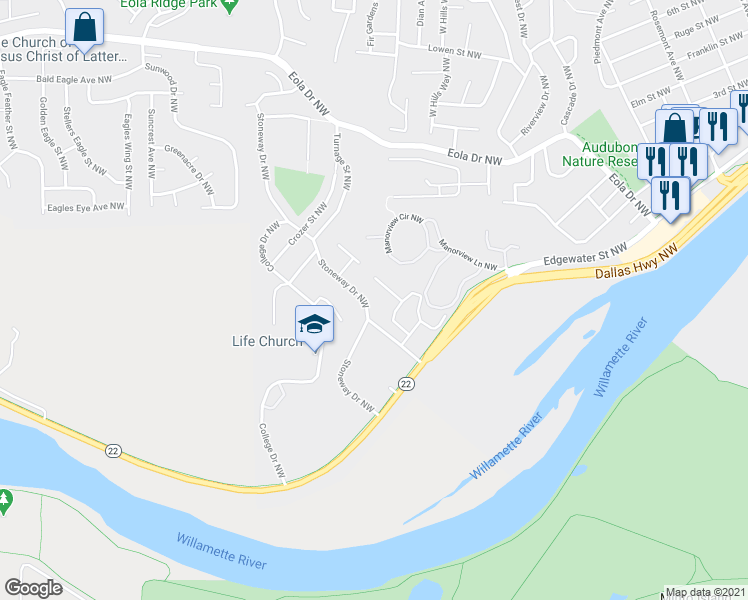 map of restaurants, bars, coffee shops, grocery stores, and more near 247 Paradise Court Northwest in Salem
