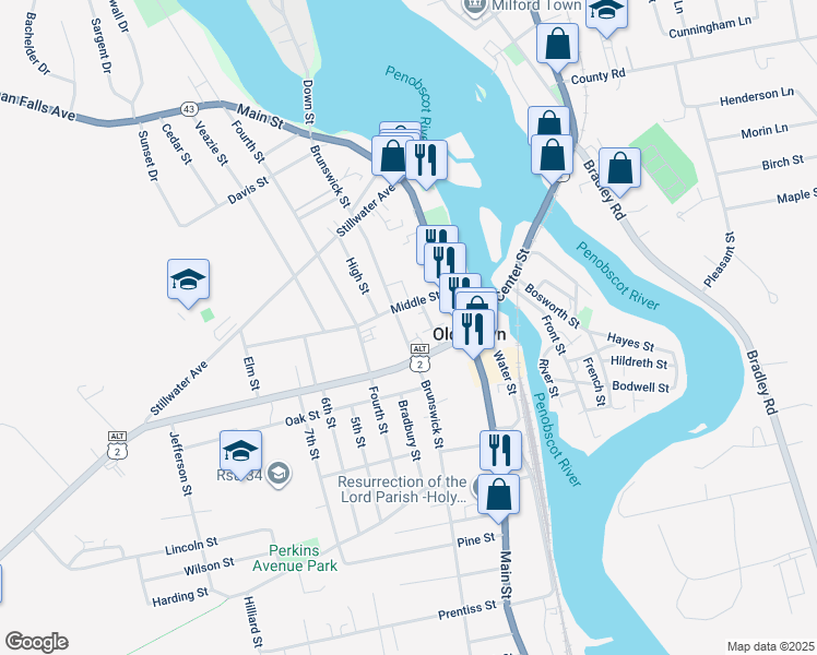 map of restaurants, bars, coffee shops, grocery stores, and more near 32 Shirley Street in Old Town