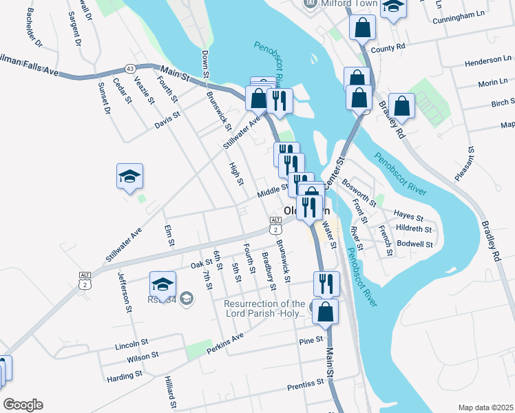 map of restaurants, bars, coffee shops, grocery stores, and more near 89 Middle Street in Old Town