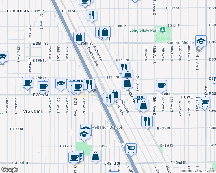 map of restaurants, bars, coffee shops, grocery stores, and more near 3715 Dight Avenue in Minneapolis