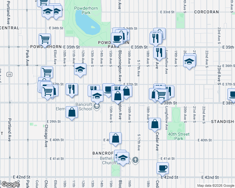map of restaurants, bars, coffee shops, grocery stores, and more near 3709 South 15th Avenue in Minneapolis