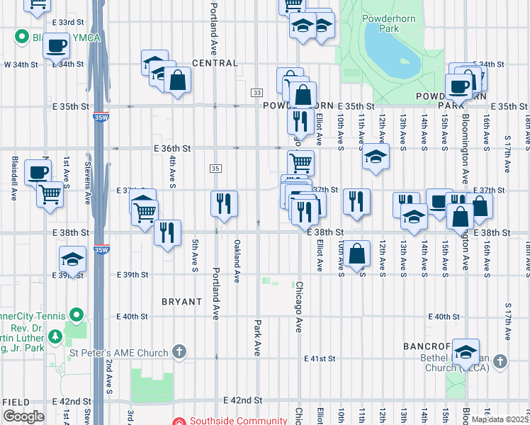 map of restaurants, bars, coffee shops, grocery stores, and more near 3708 Columbus Avenue in Minneapolis