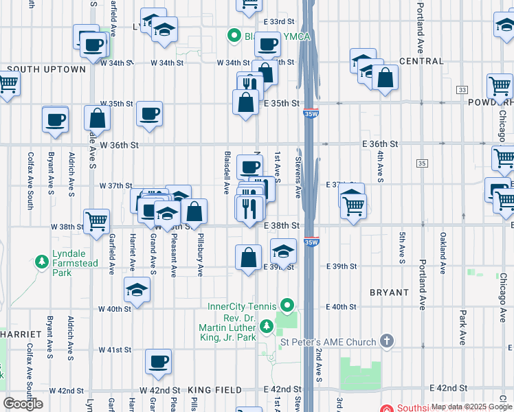 map of restaurants, bars, coffee shops, grocery stores, and more near 3711 Nicollet Avenue in Minneapolis