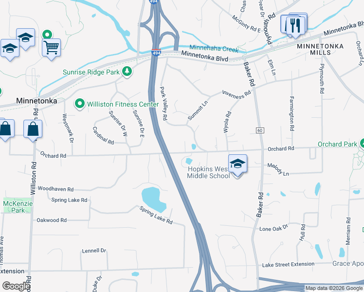 map of restaurants, bars, coffee shops, grocery stores, and more near 13830 Orchard Road in Hopkins