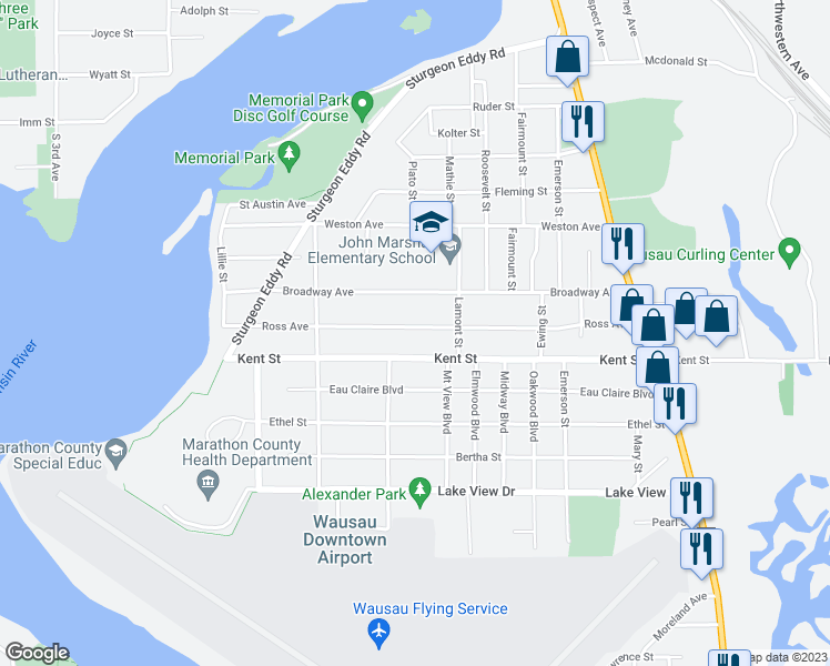 map of restaurants, bars, coffee shops, grocery stores, and more near 609 Ross Avenue in Wausau
