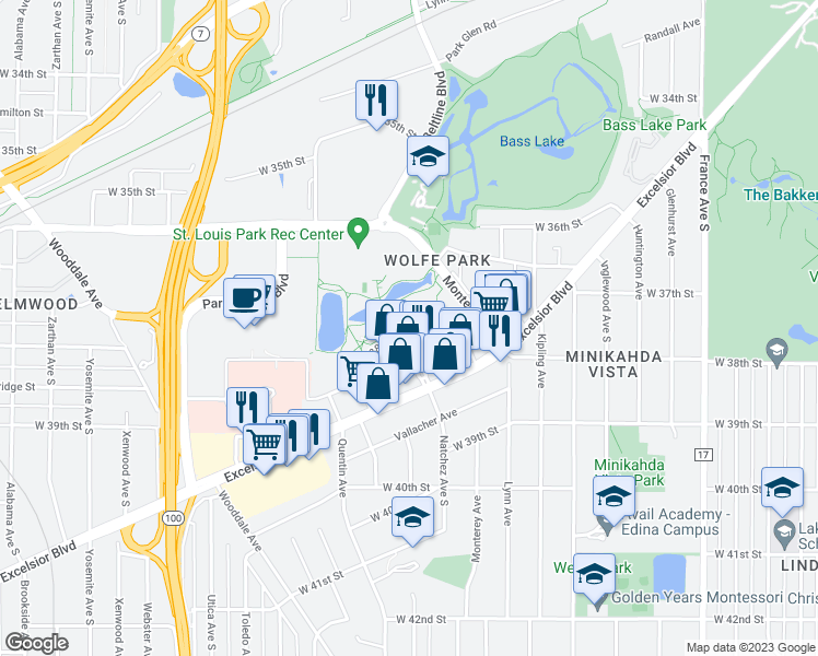 map of restaurants, bars, coffee shops, grocery stores, and more near 4650 Park Commons Drive in St. Louis Park