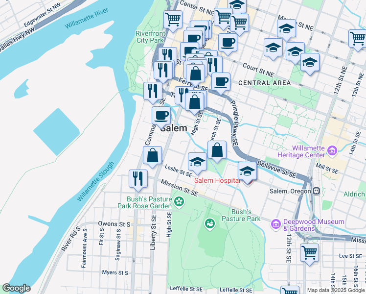 map of restaurants, bars, coffee shops, grocery stores, and more near 567 High Street Southeast in Salem