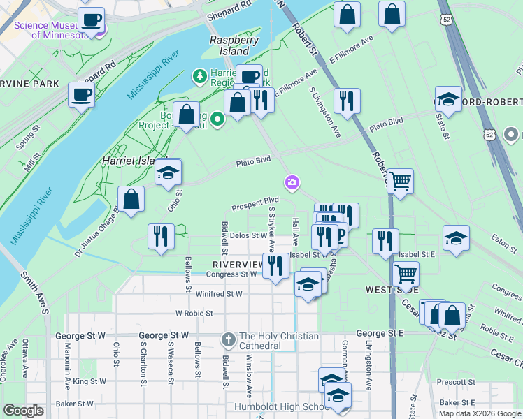 map of restaurants, bars, coffee shops, grocery stores, and more near 361 Stryker Avenue in Saint Paul