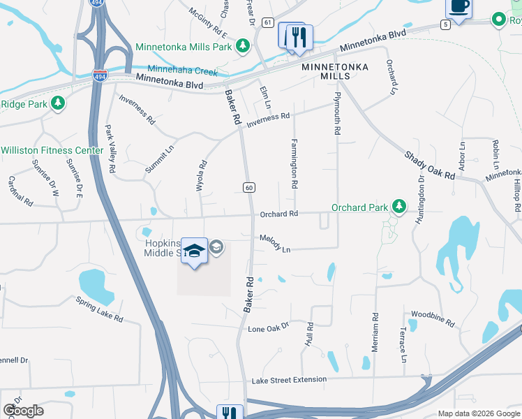 map of restaurants, bars, coffee shops, grocery stores, and more near 3731 Baker Road in Hopkins