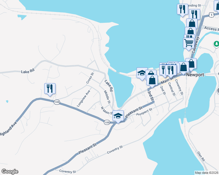 map of restaurants, bars, coffee shops, grocery stores, and more near 177 Lake Road in Newport