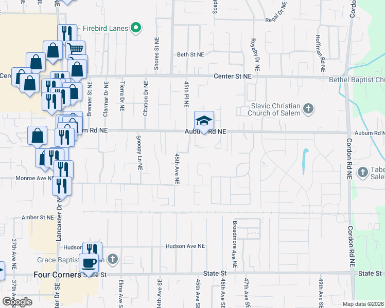 map of restaurants, bars, coffee shops, grocery stores, and more near 4612 Auburn Road Northeast in Salem