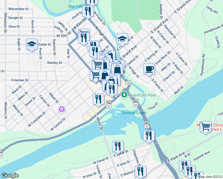 map of restaurants, bars, coffee shops, grocery stores, and more near 10 West Spring Street in Chippewa Falls
