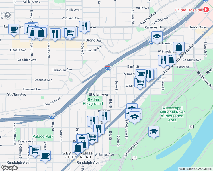 map of restaurants, bars, coffee shops, grocery stores, and more near 196 Oneida Street in Saint Paul