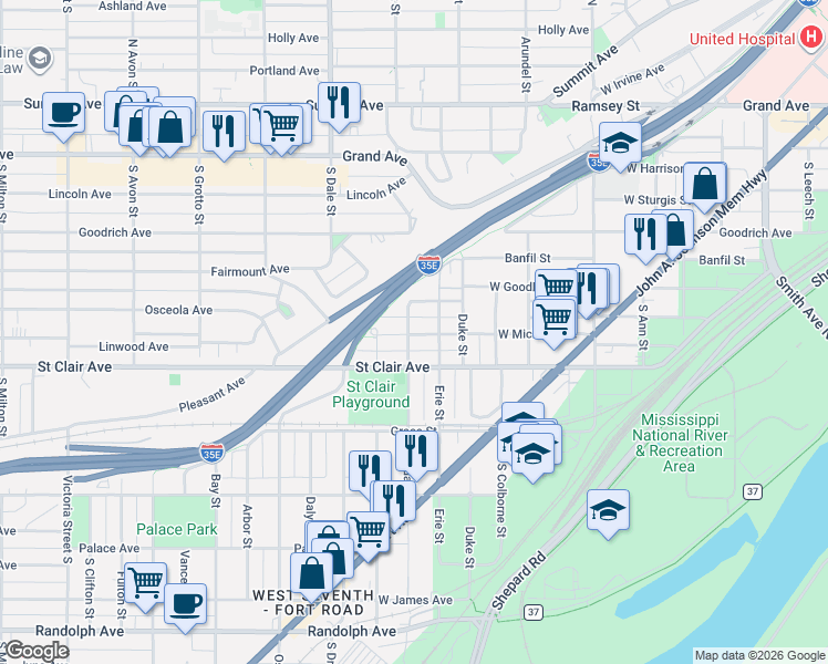 map of restaurants, bars, coffee shops, grocery stores, and more near 552 West Superior Street in Saint Paul
