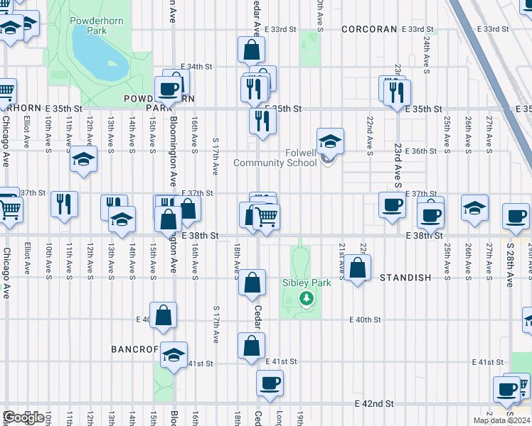 map of restaurants, bars, coffee shops, grocery stores, and more near 3718 Cedar Avenue in Minneapolis