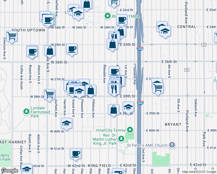 map of restaurants, bars, coffee shops, grocery stores, and more near 3715 Blaisdell Avenue in Minneapolis