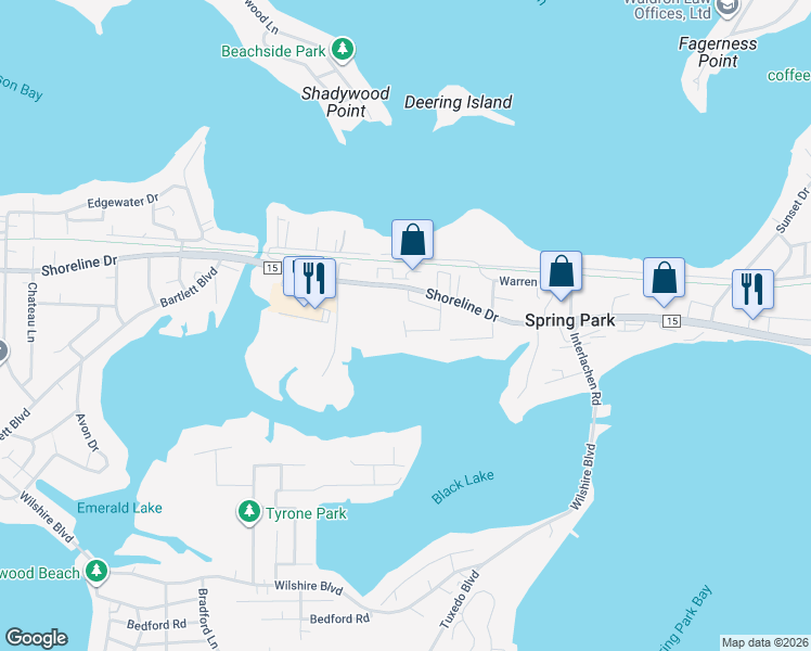 map of restaurants, bars, coffee shops, grocery stores, and more near 4515 Shoreline Drive in Spring Park