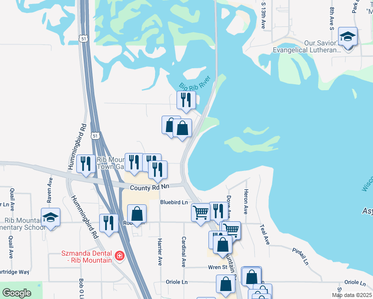 map of restaurants, bars, coffee shops, grocery stores, and more near 2450 County Trunk Highway North in Wausau