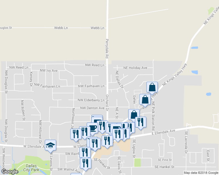 map of restaurants, bars, coffee shops, grocery stores, and more near 118 Northeast Fern Avenue in Dallas