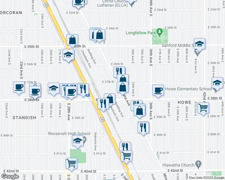 map of restaurants, bars, coffee shops, grocery stores, and more near 3715 Snelling Avenue in Minneapolis