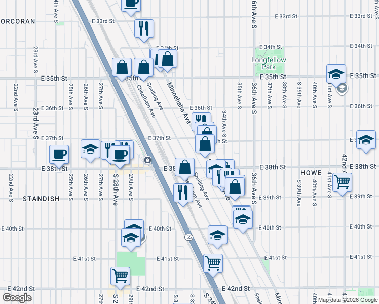 map of restaurants, bars, coffee shops, grocery stores, and more near 3729 Snelling Avenue in Minneapolis