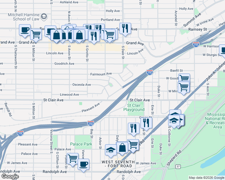 map of restaurants, bars, coffee shops, grocery stores, and more near 36 Kenwood Parkway in Saint Paul