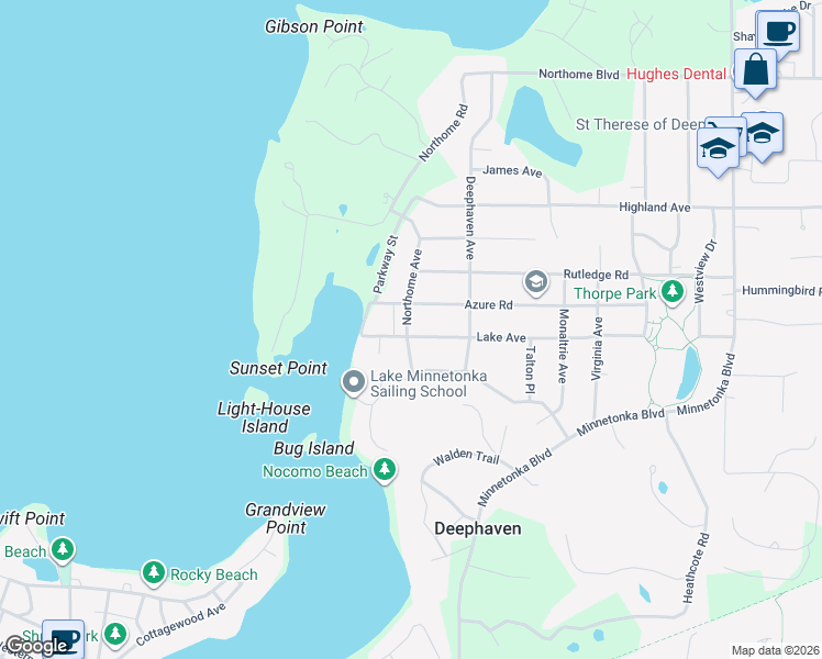 map of restaurants, bars, coffee shops, grocery stores, and more near 19260 Lake Avenue in Wayzata