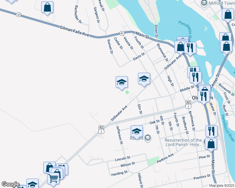 map of restaurants, bars, coffee shops, grocery stores, and more near 203 Stillwater Avenue in Old Town