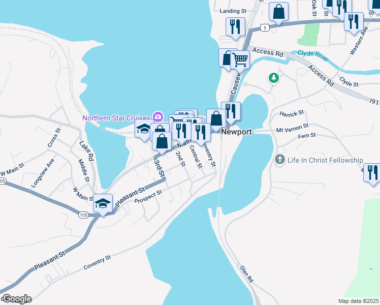 map of restaurants, bars, coffee shops, grocery stores, and more near 48 Coventry Street in Newport