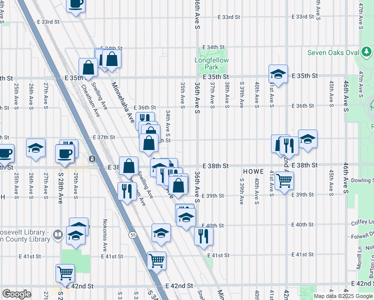 map of restaurants, bars, coffee shops, grocery stores, and more near 3704 35th Avenue South in Minneapolis