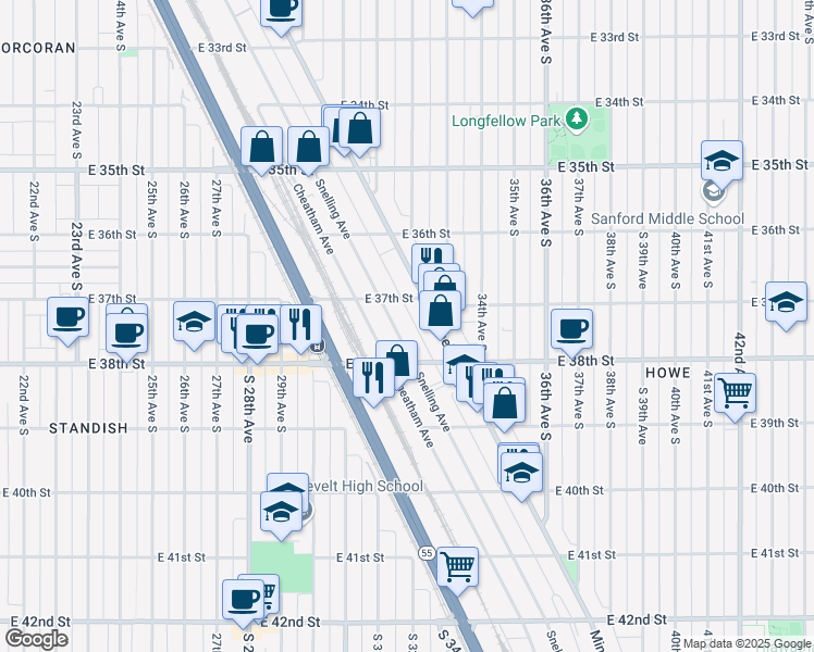 map of restaurants, bars, coffee shops, grocery stores, and more near 3715 Snelling Avenue in Minneapolis