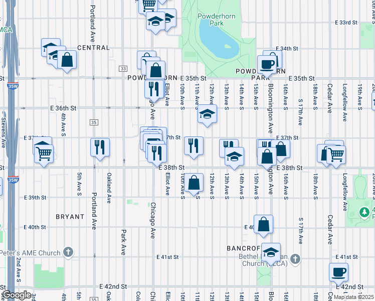 map of restaurants, bars, coffee shops, grocery stores, and more near 3715 10th Avenue South in Minneapolis