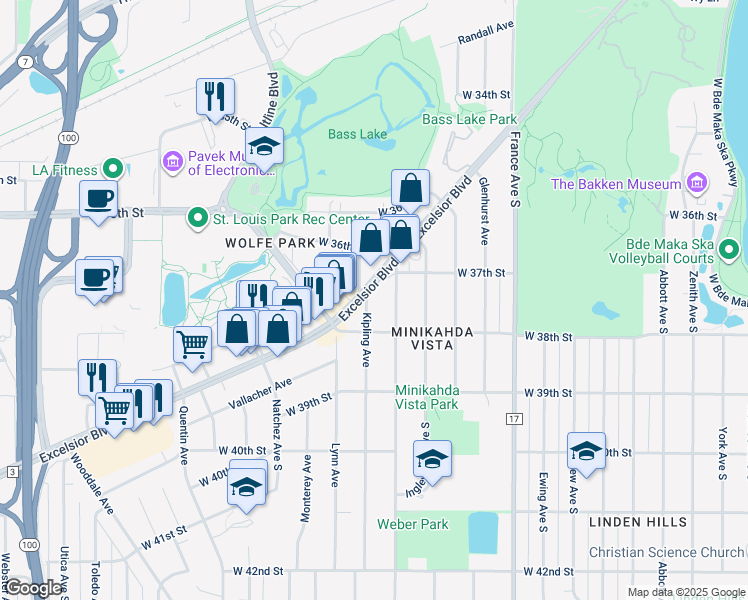 map of restaurants, bars, coffee shops, grocery stores, and more near 4317 Excelsior Boulevard in St. Louis Park