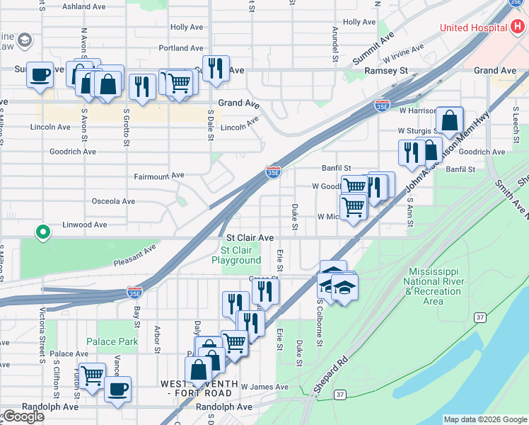 map of restaurants, bars, coffee shops, grocery stores, and more near 552 West Superior Street in Saint Paul