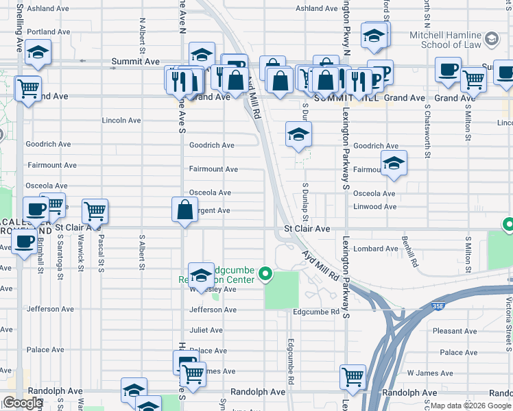 map of restaurants, bars, coffee shops, grocery stores, and more near 198 Griggs Street South in Saint Paul